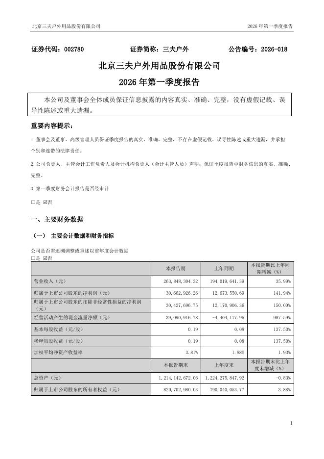 002780-三夫户外：2026年一季度报告