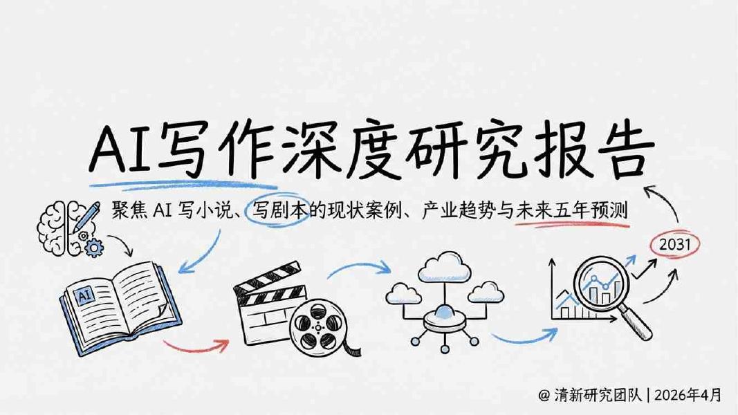 清新研究：2026年AI写作行业深度研究报告：聚焦AI写小说、写剧本的现状案例、产业趋势与未来五年预测海报