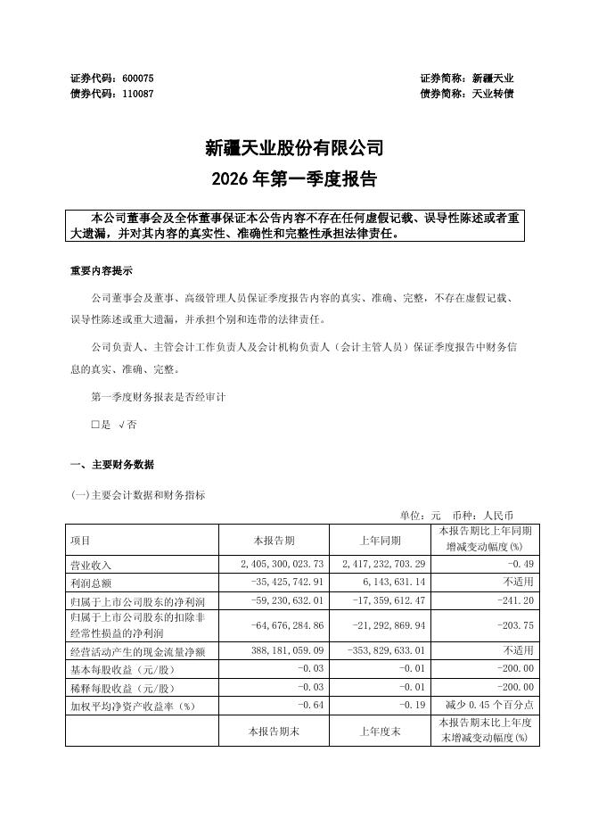 110087-新疆天业：新疆天业股份有限公司2026年第一季度报告