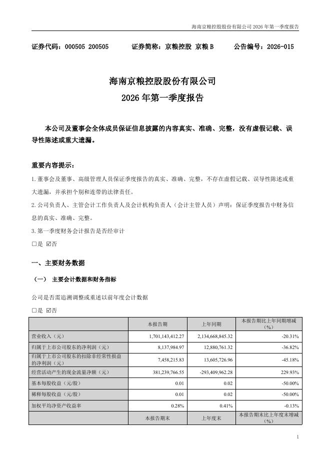 000505-京粮控股：2026年一季度报告