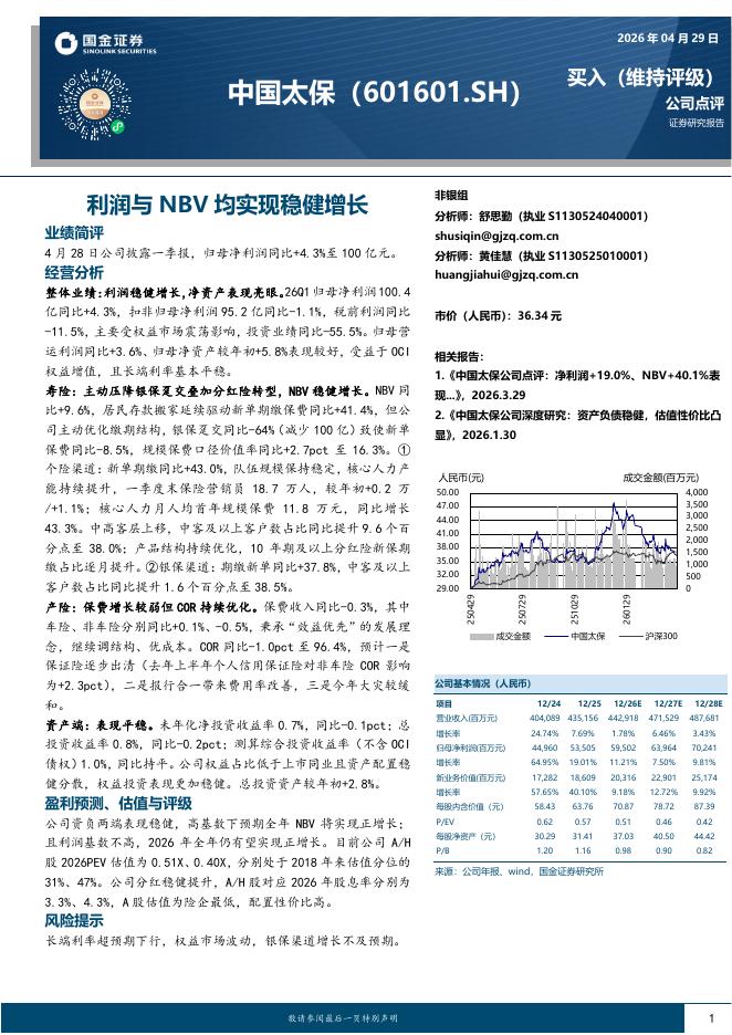 国金证券：中国太保（601601）-利润与NBV均实现稳健增长海报