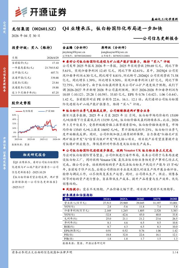 开源证券：龙佰集团（002601）-公司信息更新报告：Q4业绩承压，钛白粉国际化布局进一步加快海报