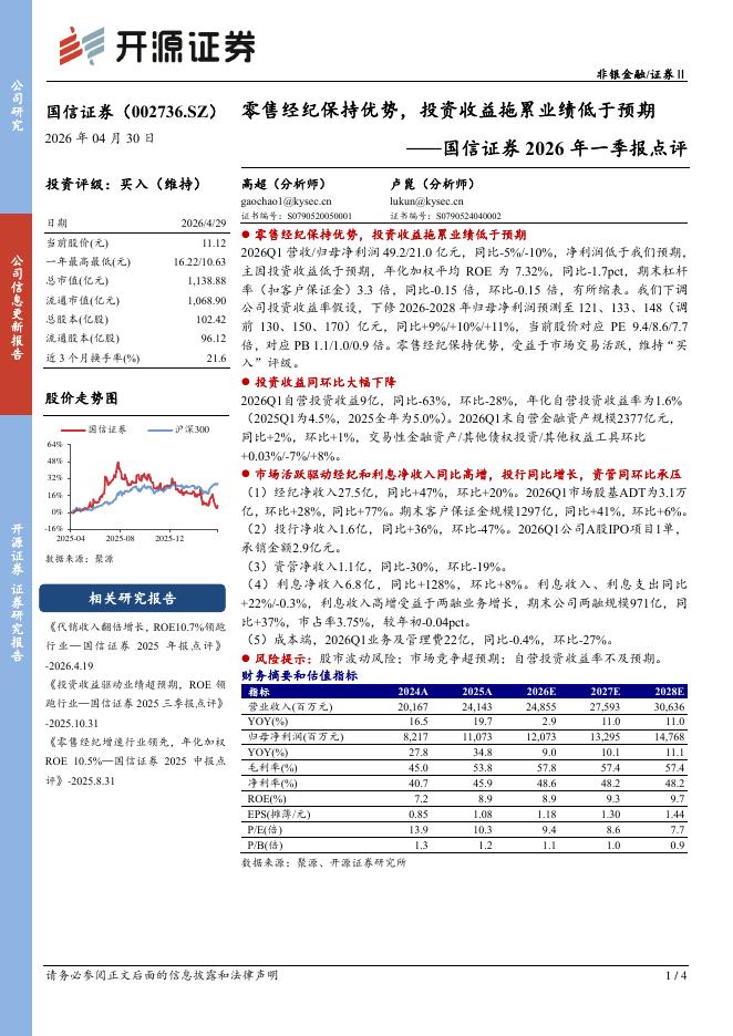 开源证券：国信证券2026年一季报点评：零售经纪保持优势，投资收益拖累业绩低于预期海报