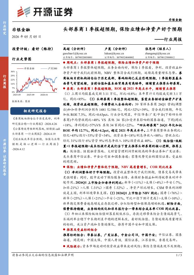 开源证券：非银金融行业周报：头部券商1季报超预期，保险业绩和净资产好于预期海报