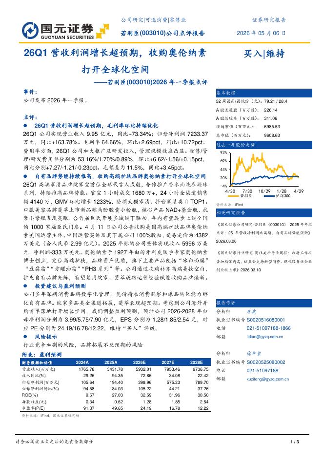 国元证券：若羽臣（003010）-2026年一季报点评：26Q1营收利润增长超预期，收购奥伦纳素打开全球化空间海报