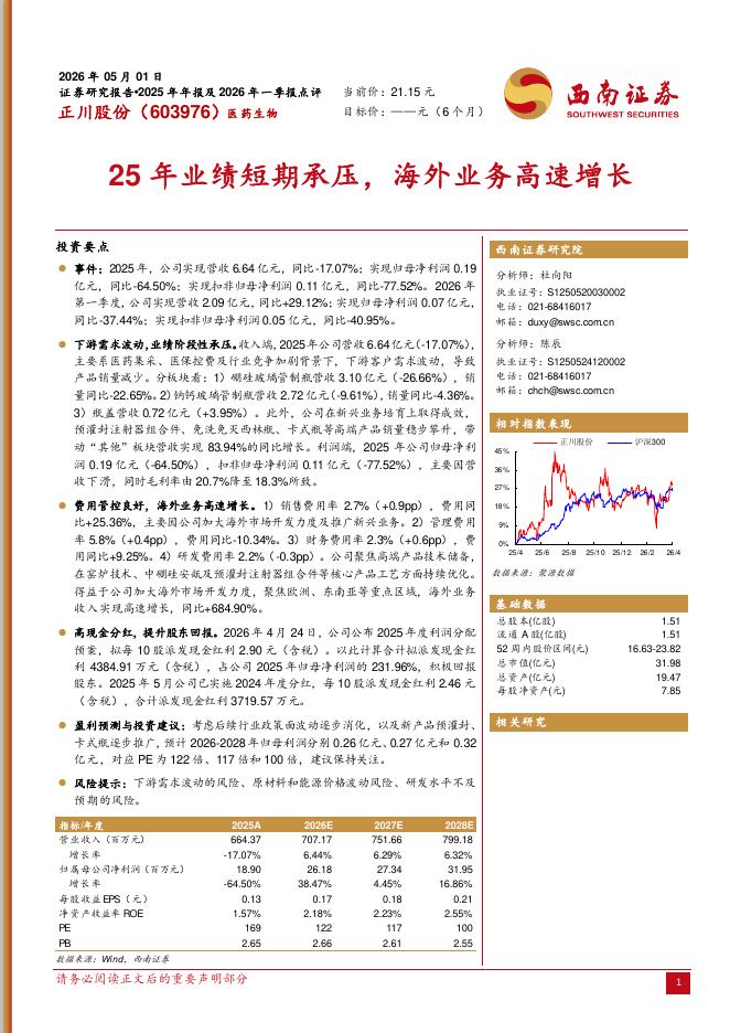 西南证券：正川股份（603976）-25年业绩短期承压，海外业务高速增长海报