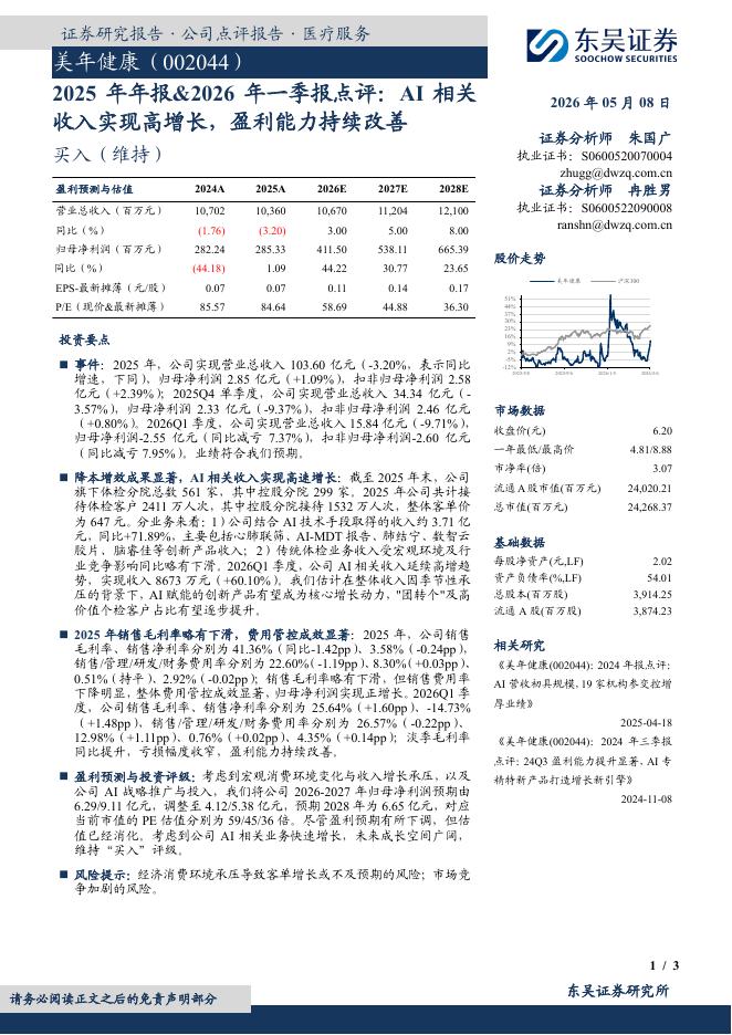 东吴证券：美年健康（002044）-2025年年报&2026年一季报点评：AI相关收入实现高增长，盈利能力持续改善海报