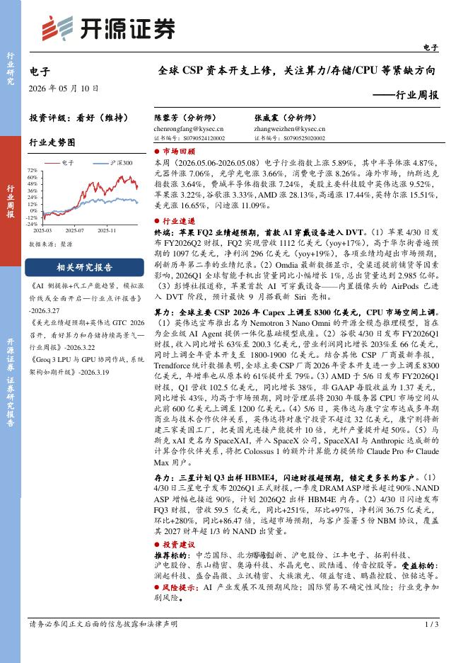 开源证券：电子行业周报：全球CSP资本开支上修，关注算力/存储/CPU等紧缺方向海报