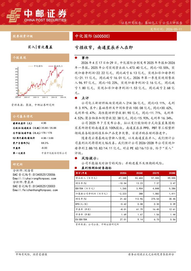 中邮证券：中化国际（600500）-亏损收窄，南通星辰并入在即海报