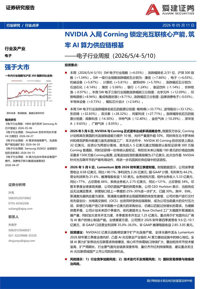 爱建证券：电子行业周报：NVIDIA入局Corning锁定光互联核心产能，筑牢AI算力供应链根基海报