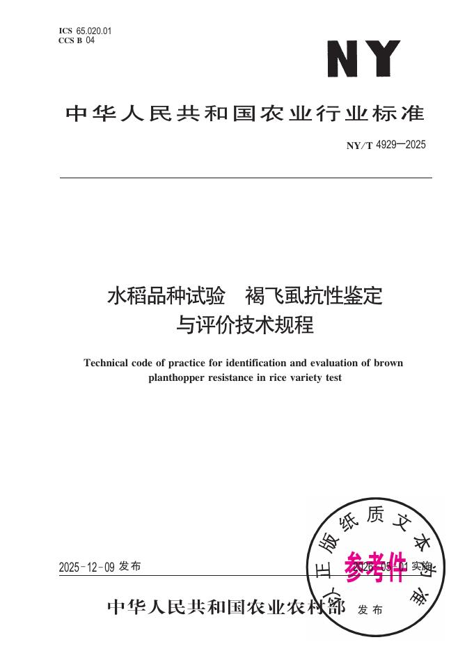 NY/T 4929-2025 水稻品种试验 褐飞虱抗性鉴定与评价技术规程