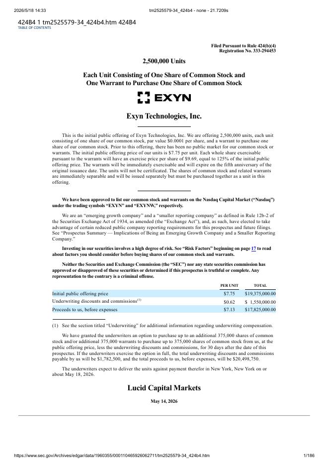 Exyn Technologies, Inc.美股纳斯达克IPO上市招股说明书海报