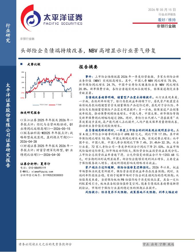 太平洋证券：非银行金融行业点评报告：头部险企负债端持续改善，NBV高增显示行业景气修复海报