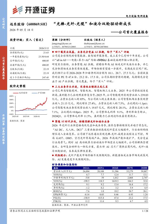 开源证券：远东股份（600869）-公司首次覆盖报告：“光棒-光纤-光缆”和液冷双轮驱动新成长海报
