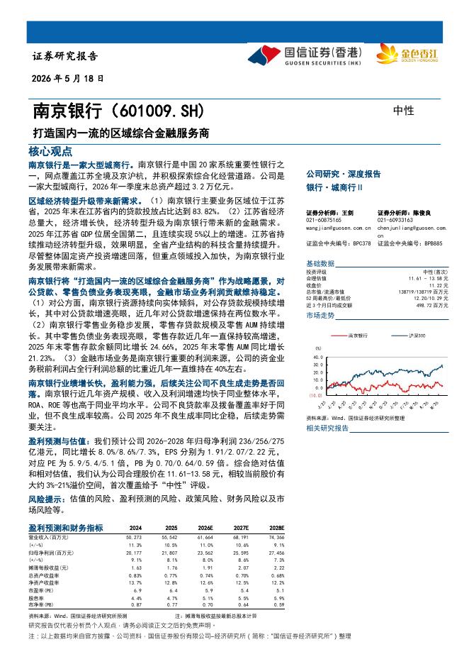 国信证券(香港)：南京银行（601009）-打造国内一流的区域综合金融服务商海报