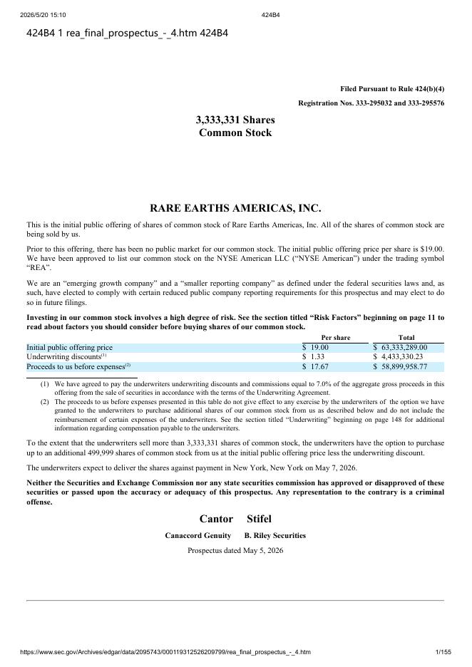 Rare Earths Americas, Inc.纽约证券交易所IPO上市招股说明书海报