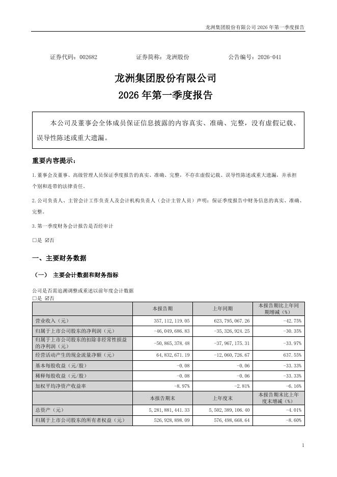 002682-龙洲股份：2026年一季度报告