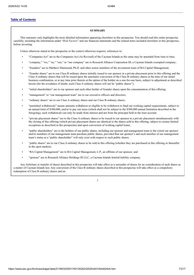 Research Alliance Corporation III美股纳斯达克IPO上市招股说明书_第7页
