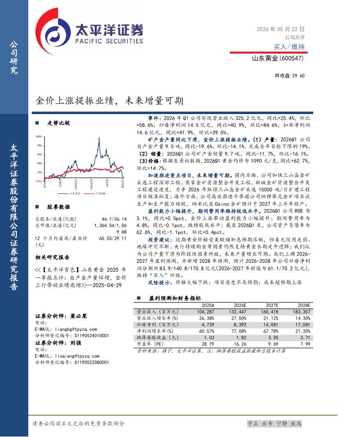 太平洋证券：山东黄金（600547）-金价上涨提振业绩，未来增量可期海报