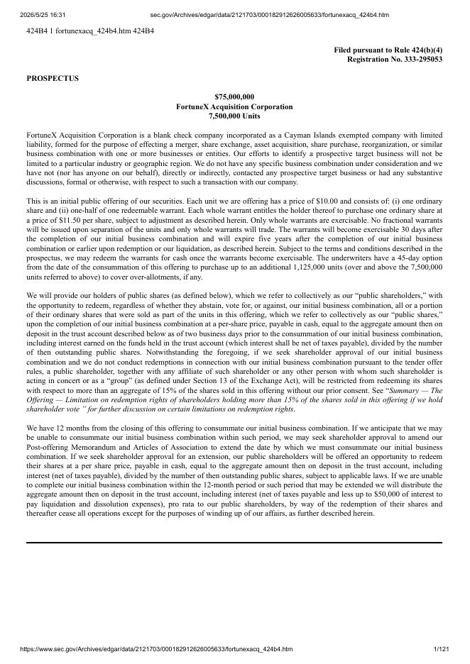 FortuneX Acquisition Corporation美股纳斯达克IPO上市招股说明书海报