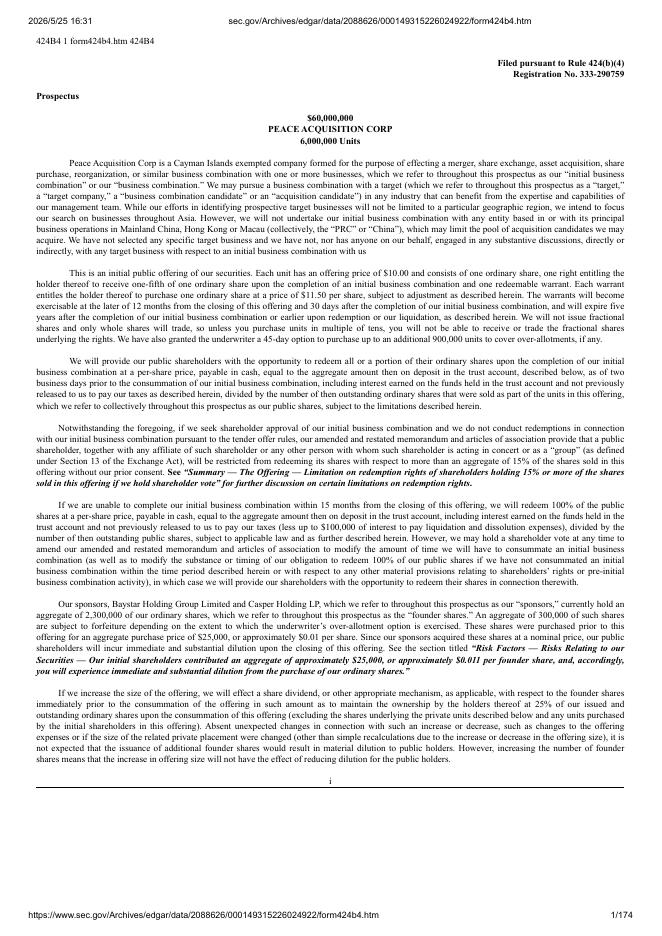 Peace Acquisition Corp美股纳斯达克IPO上市招股说明书海报