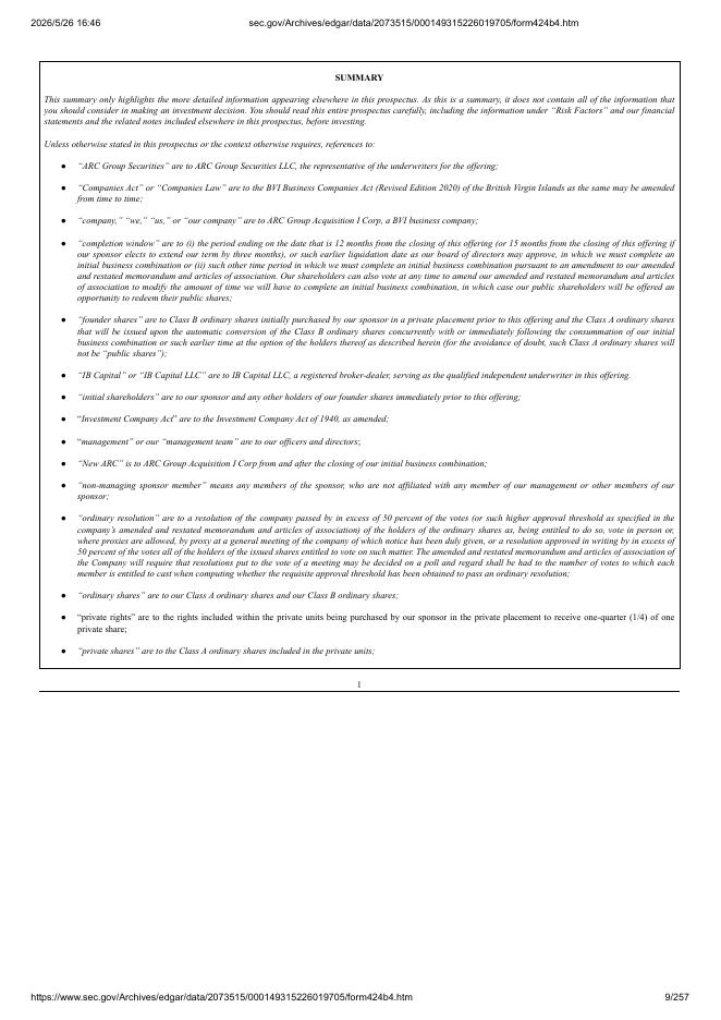 ARC Group Acquisition I Corp美股纳斯达克IPO上市招股说明书_第9页