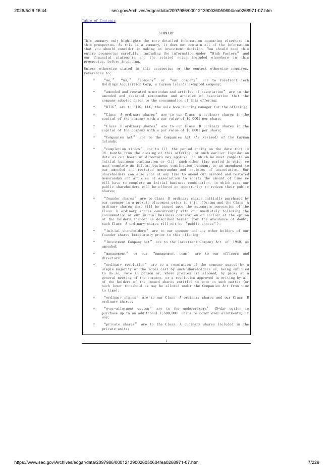 Forefront Tech Holdings Acquisition Corp.美股纳斯达克IPO上市招股说明书_第7页