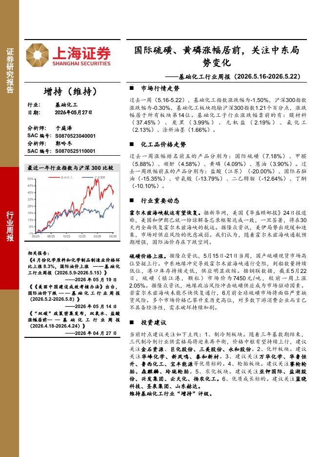 上海证券：基础化工行业周报：国际硫磺、黄磷涨幅居前，关注中东局势变化海报