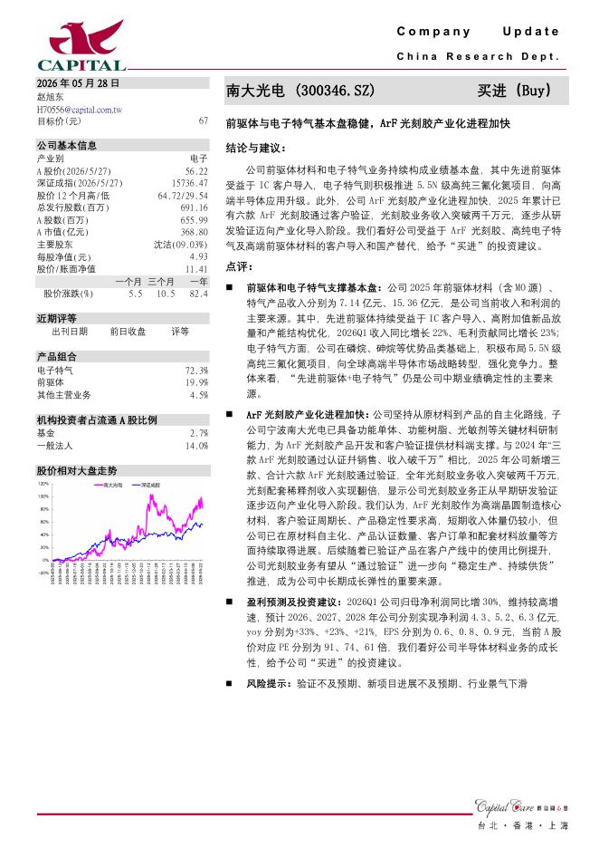 群益证券：南大光电（300346）-前驱体与电子特气基本盘稳健，ArF光刻胶产业化进程加快海报
