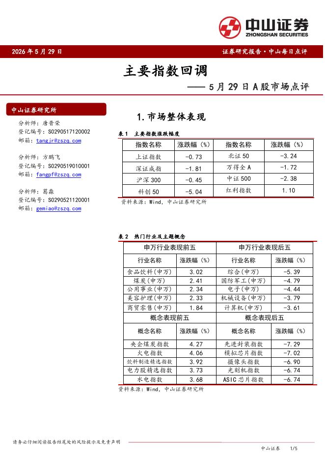 中山证券：A股市场点评：主要指数回调-260529海报