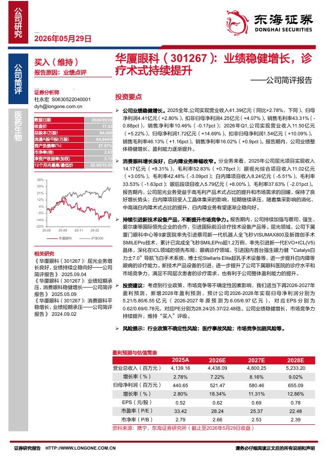 东海证券：华厦眼科（301267）-公司简评报告：业绩稳健增长，诊疗术式持续提升海报