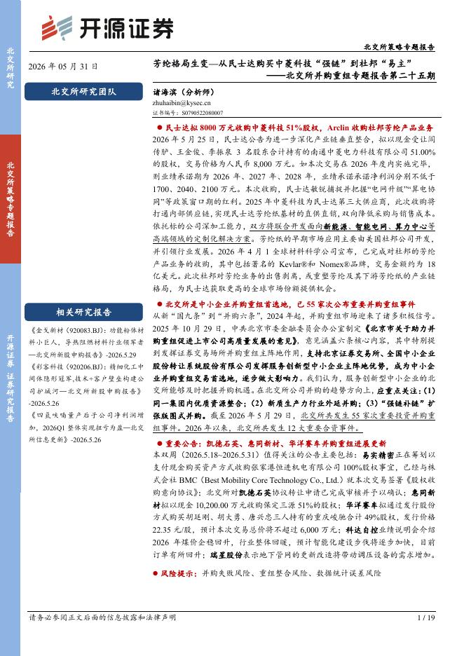 开源证券：北交所并购重组专题报告第二十五期：芳纶格局生变—从民士达购买中菱科技“强链”到杜邦“易主”-260601海报