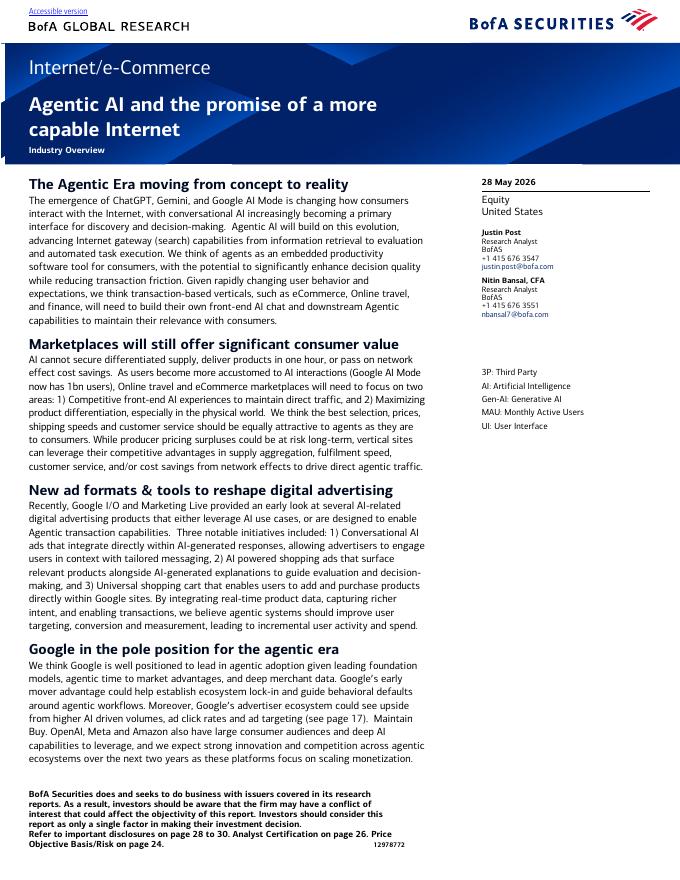BofA GLOBAL RESEARCH：互联网与电子商务：代理式人工智能与更具效能的互联网前景（英文版）海报