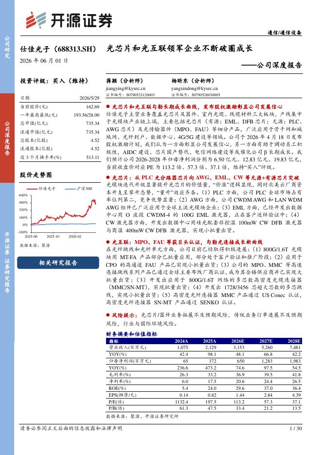 开源证券：仕佳光子（688313）-公司深度报告：光芯片和光互联领军企业不断破圈成长海报