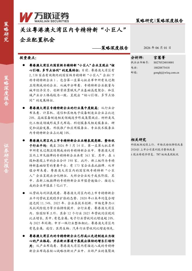 万联证券：策略深度报告：关注粤港澳大湾区内专精特新“小巨人”企业配置机会-260601