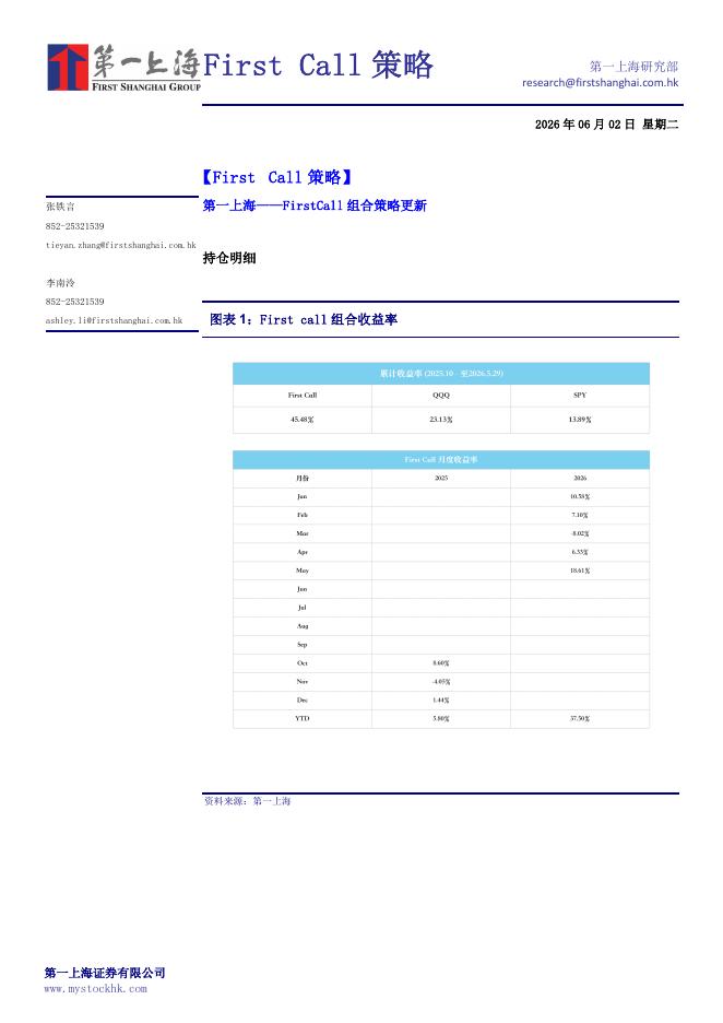 第一上海证券：FirstCall组合策略更新-260603海报