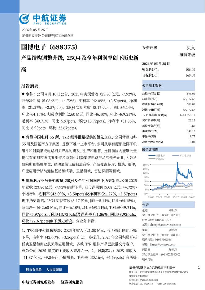 中航证券：国博电子（688375）-2025年报及2026一季报点评：产品结构调整升级，25Q4及全年利润率创下历史新高海报