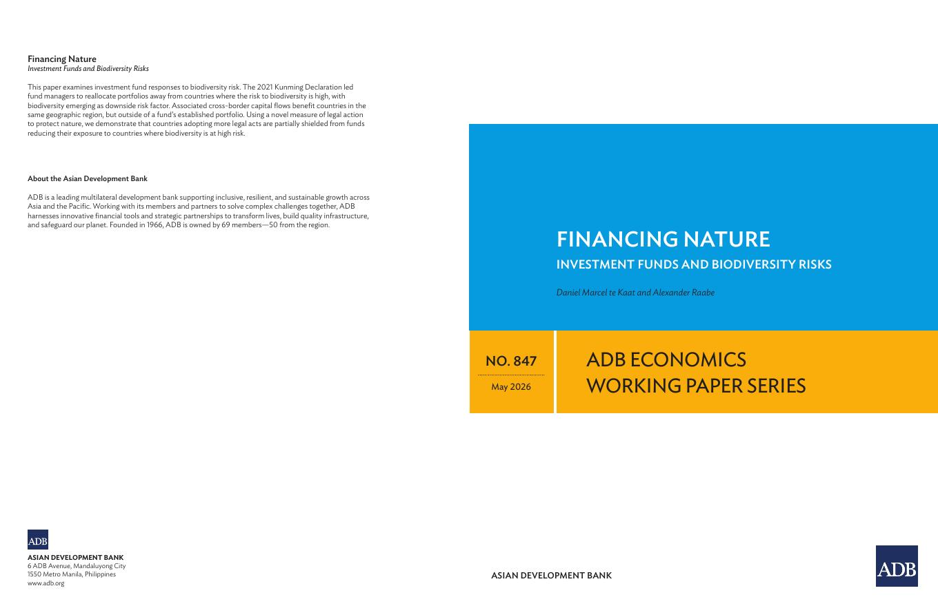 ADB亚洲开发银行：融资性质：投资基金与生物多样性风险（英文版）_第1页