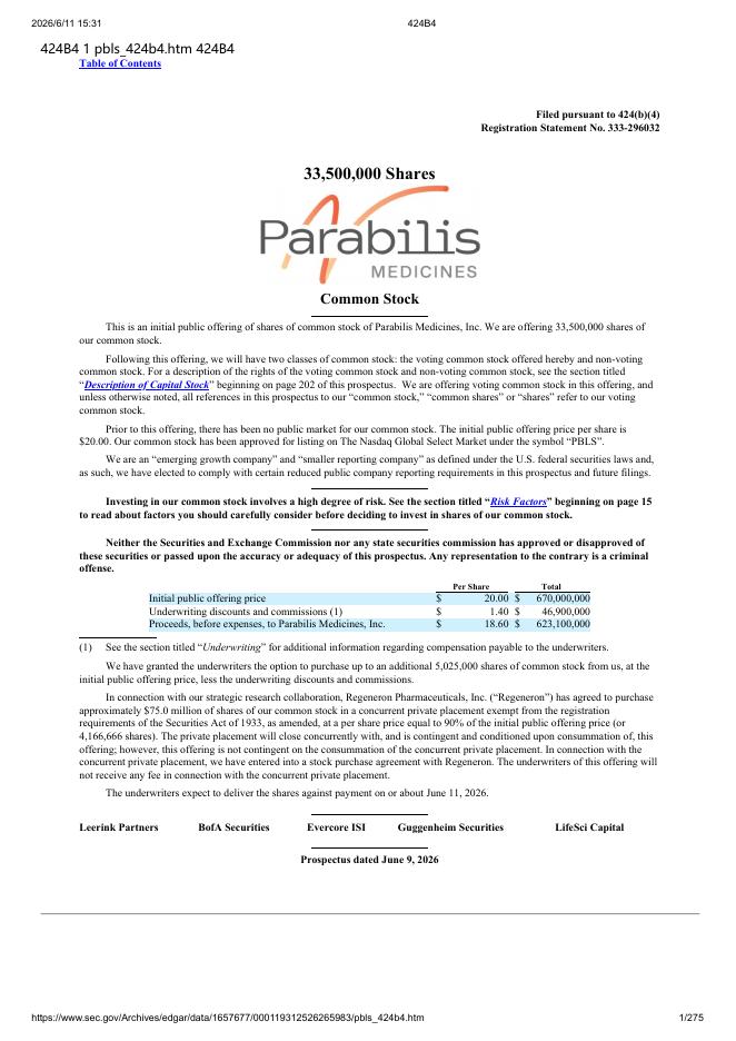 Parabilis Medicines, Inc.美股纳斯达克IPO上市招股说明书海报