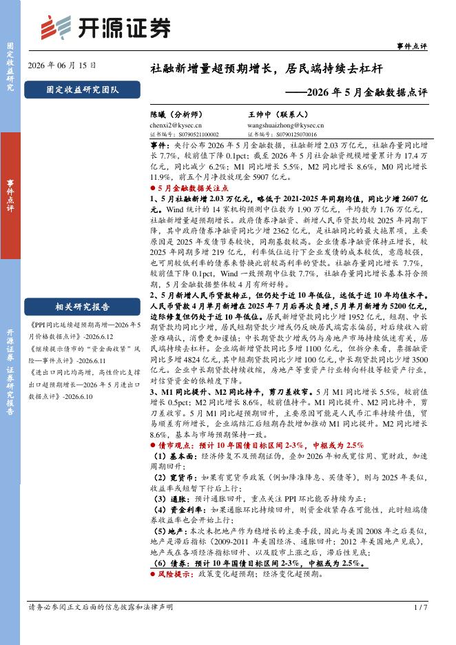 开源证券：2026年5月金融数据点评：社融新增量超预期增长，居民端持续去杠杆-260615海报