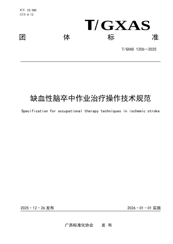 T/GXAS 1206-2025 缺血性脑卒中作业治疗操作技术规范