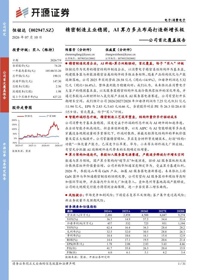 开源证券：恒铭达（002947）-公司首次覆盖报告：精密制造主业稳固，AI算力多点布局打造新增长极海报