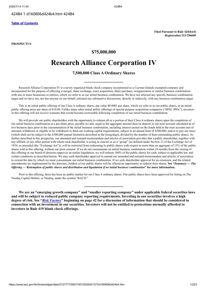 Research Alliance Corporation IV美股纳斯达克IPO上市招股说明书海报