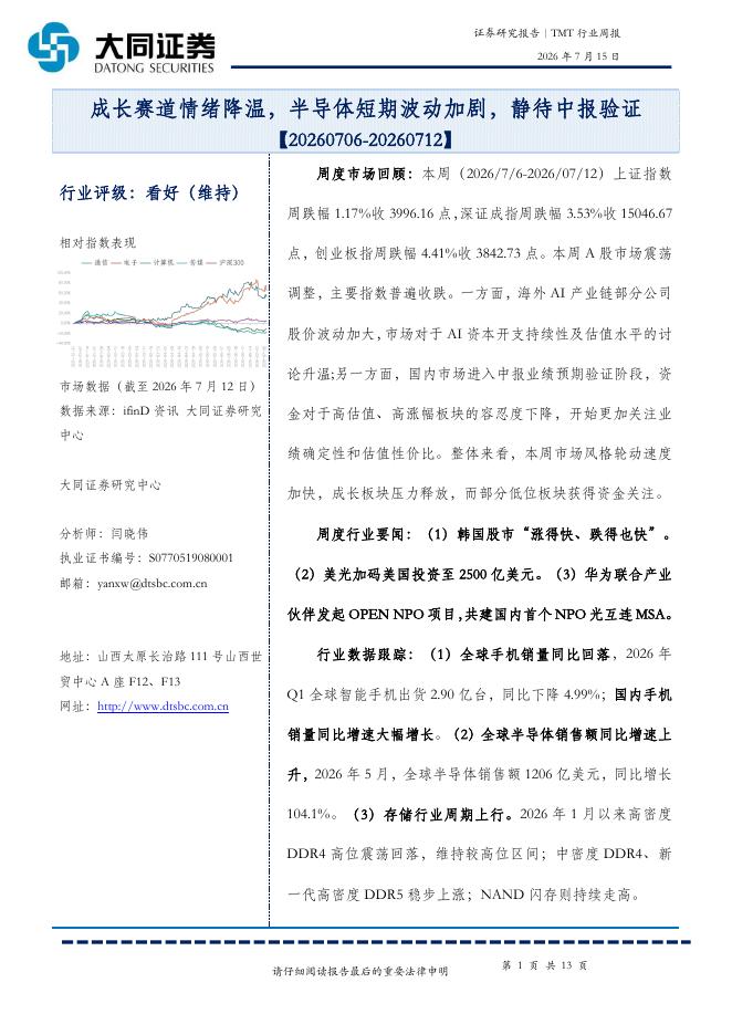 大同证券：TMT行业周报：成长赛道情绪降温，半导体短期波动加剧，静待中报验证海报