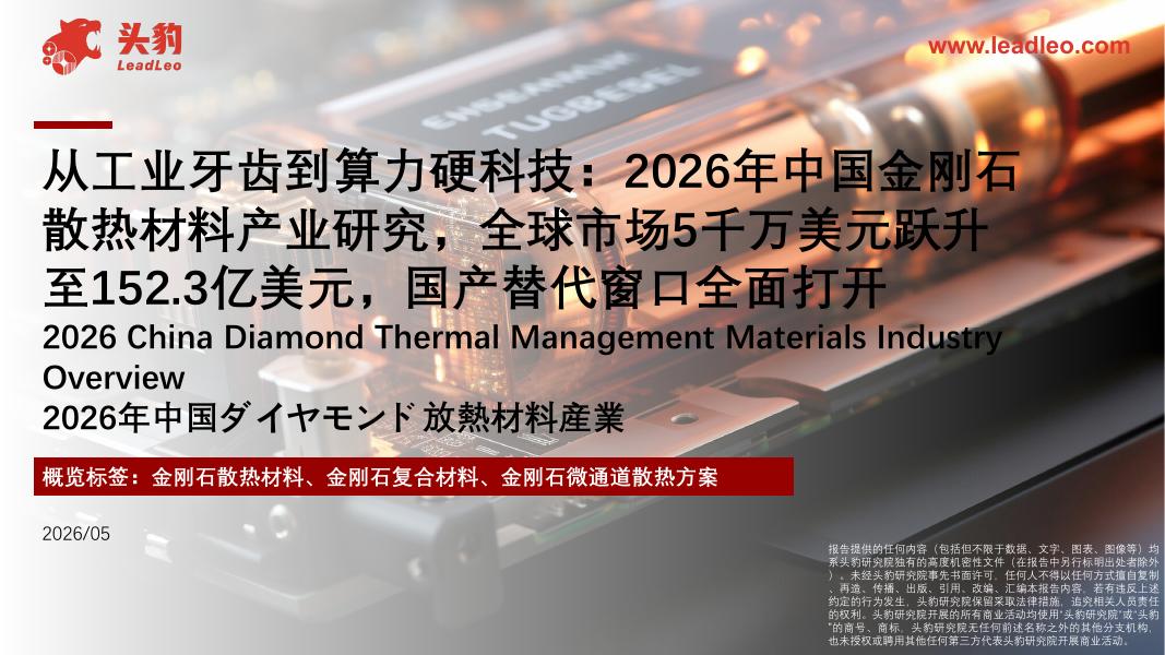 头豹研究院：从工业牙齿到算力硬科技：2026年中国金刚石散热材料产业研究，全球市场5千万美元跃升至152.3亿美元，国产替代窗口全面打开海报