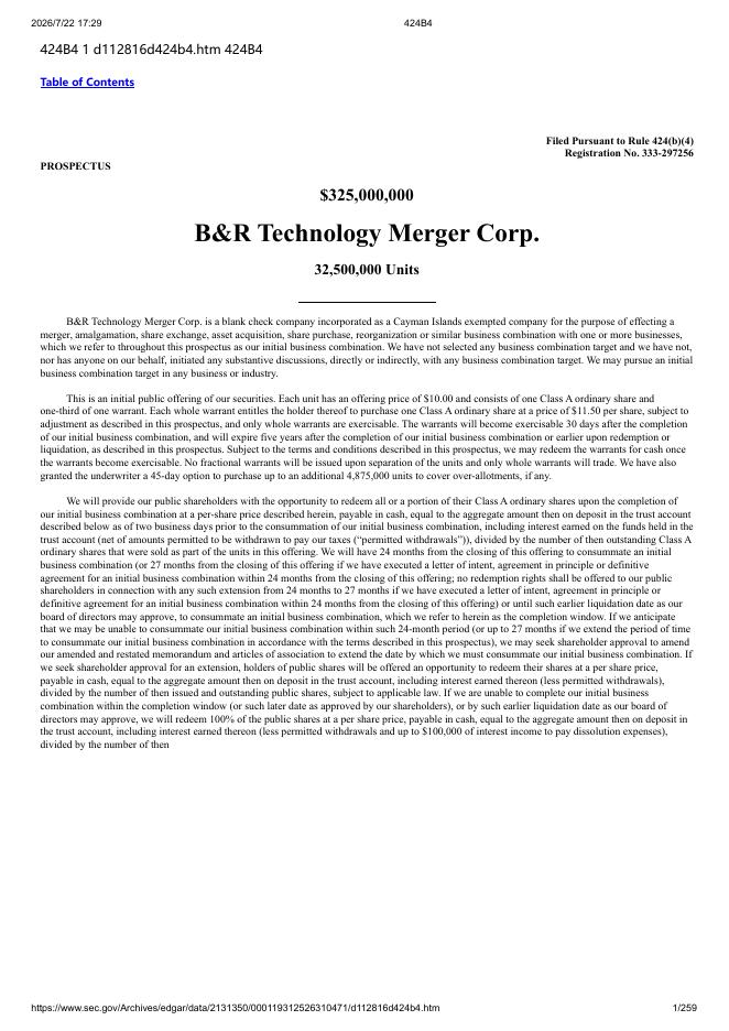 B&R Technology Merger Corp.美股纳斯达克IPO上市招股说明书海报