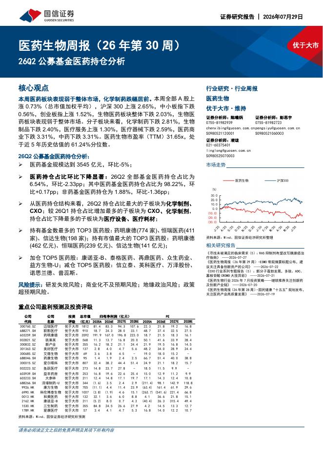 国信证券：医药生物行业周报（26年第30周）：26Q2公募基金医药持仓分析海报