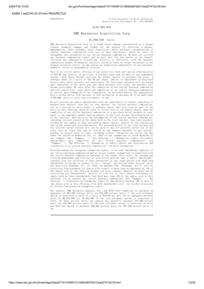 AMR Resources Acquisition Corp美股纳斯达克IPO上市招股说明书海报