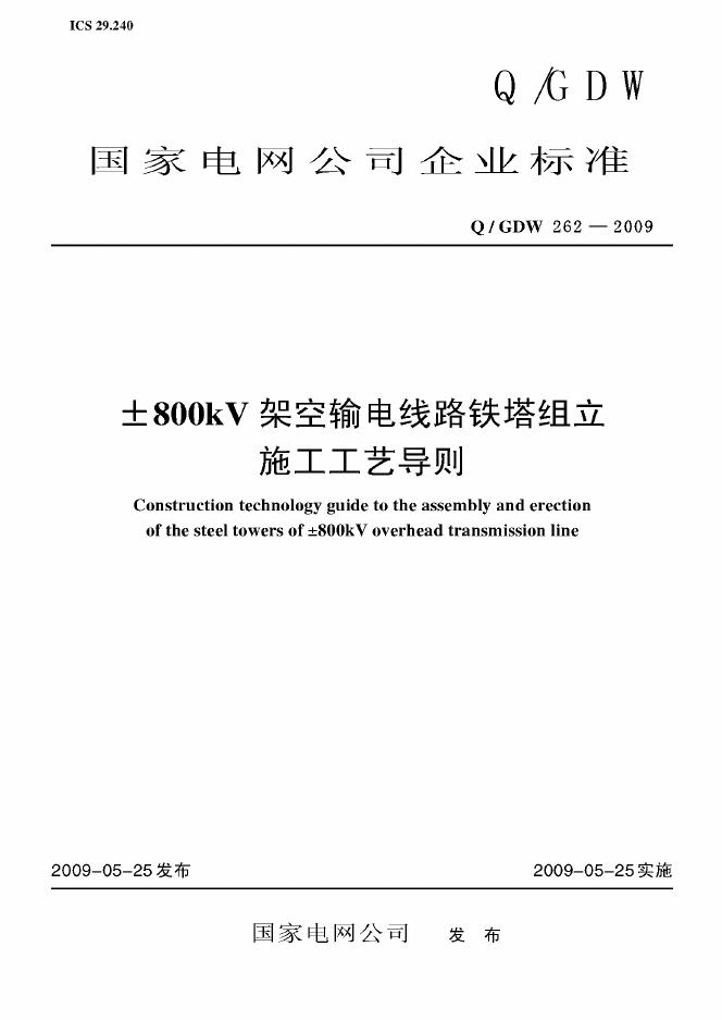 Q/GDW 262-2009 标准预览