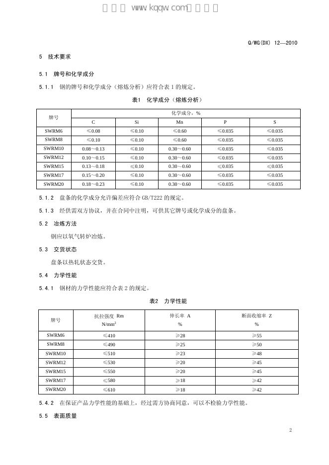 Q/WG(DX) 12-2010 标准预览